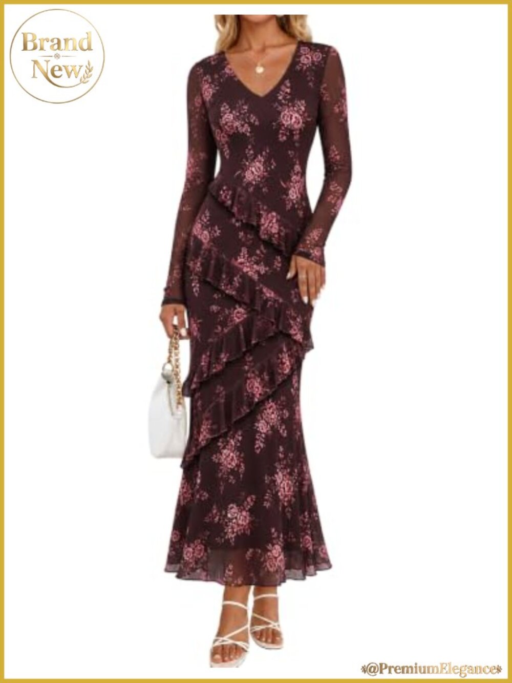 Women's Long Sleeve Floral Bodycon Maxi Dress V-Neck Mesh Ruffle Formal Party